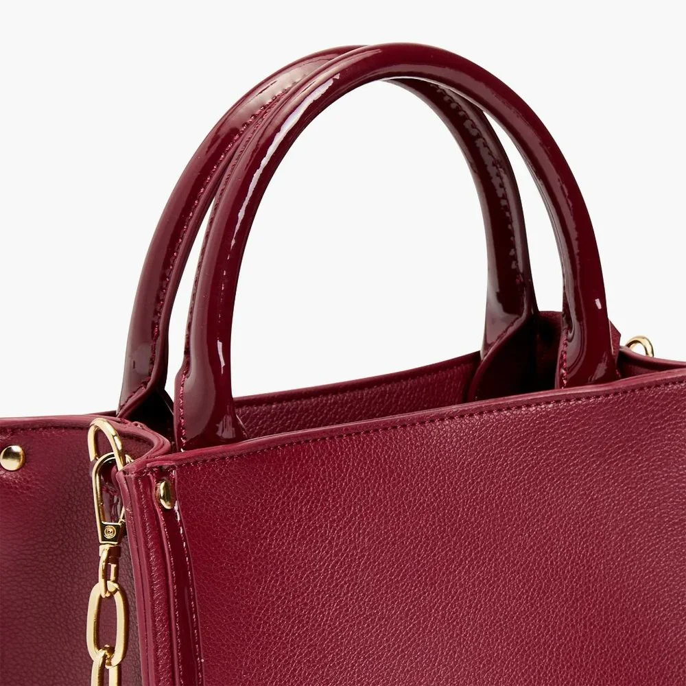 Burgundy Vegan Leather Chain Handle Satchel – Chic Structured Crossbody Purse
